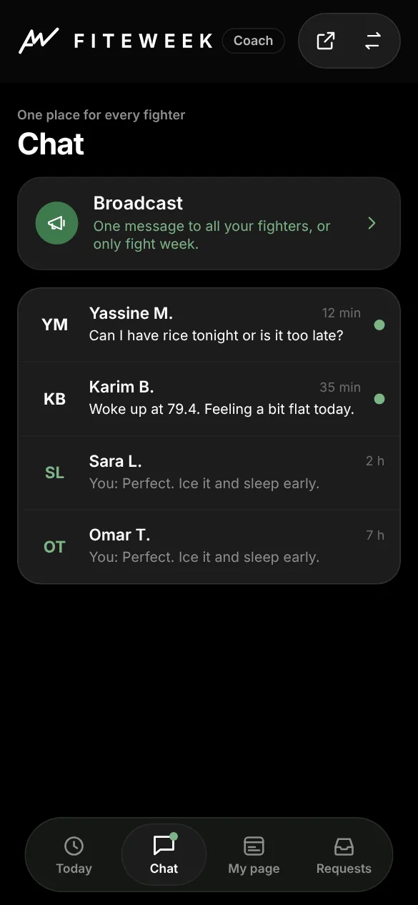 Coach chat inbox with every fighter